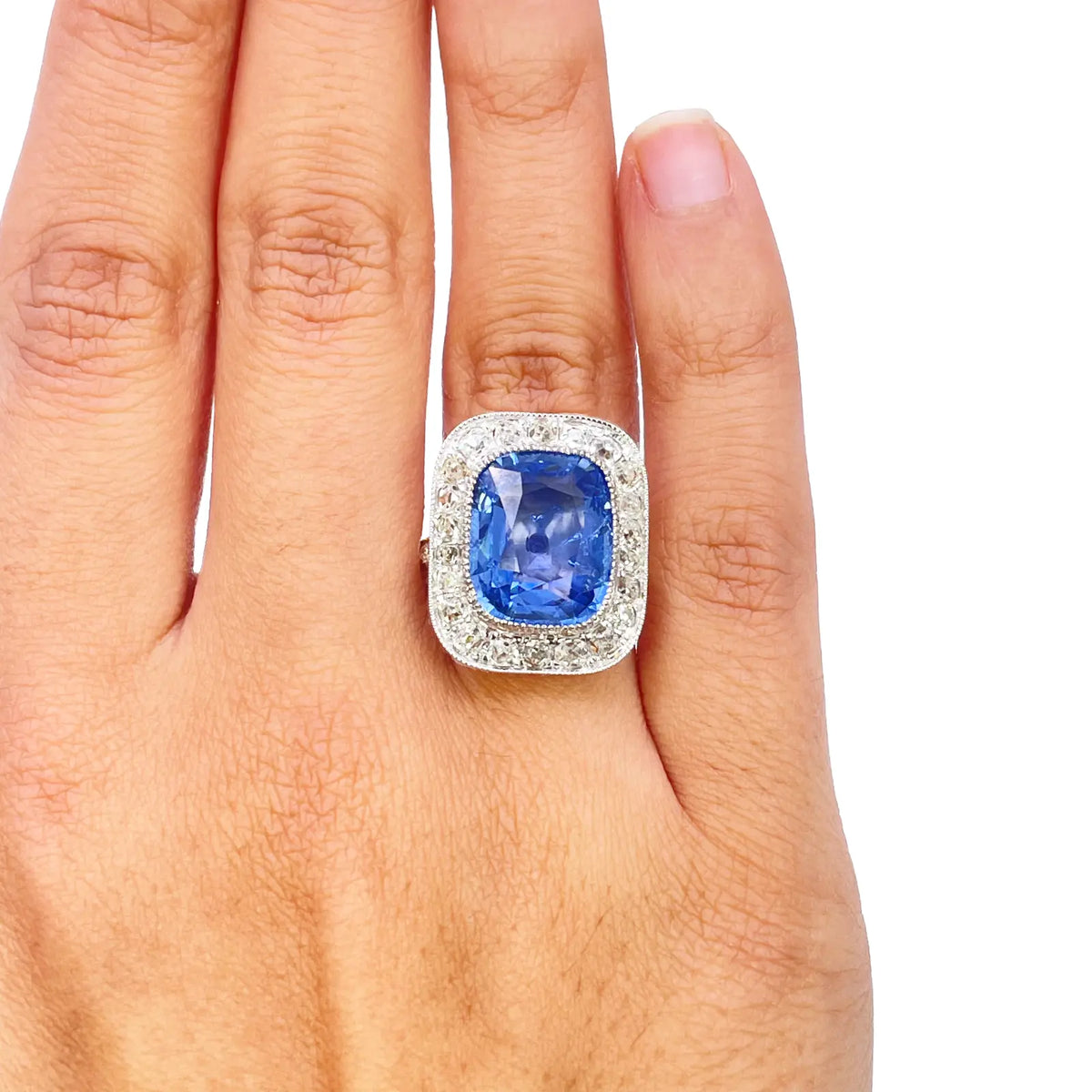 18ct Yellow Gold Natural Blue Sapphire Diamond Rectangular Cushion Ring 10.7ct  Diamond Ring