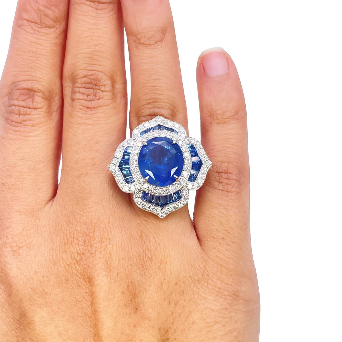 18ct Yellow Gold Natural Blue Sapphire & Diamond Floral Cocktail Ring 10.69ct  Diamond Ring