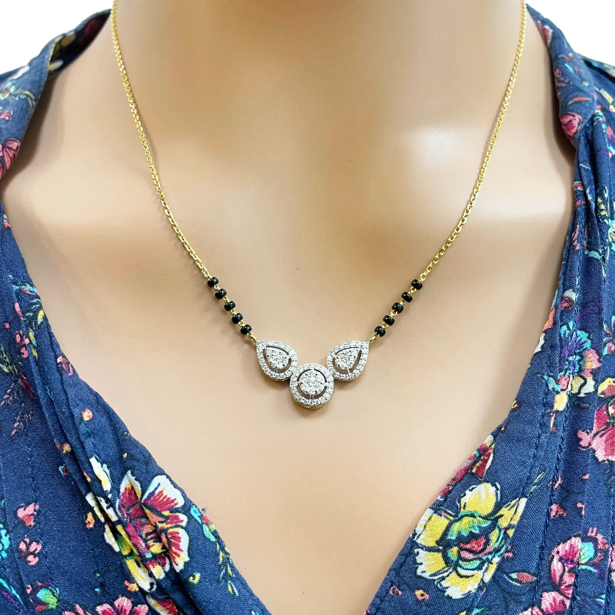 18ct Yellow Gold Natural Diamond Pear Round Halo Mangalsutra Necklace 0.58ct IGI Certified  Mangalsutra Chains