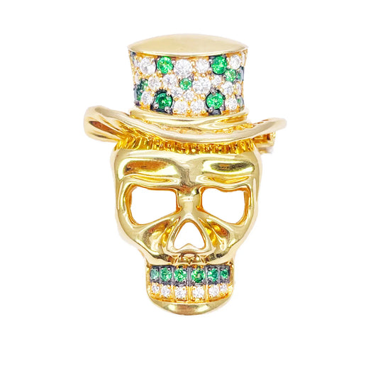 18ct Yellow Gold Natural Round Tsavorite & Diamond Skull Brooch Pin 1.16ct  Diamond Ring