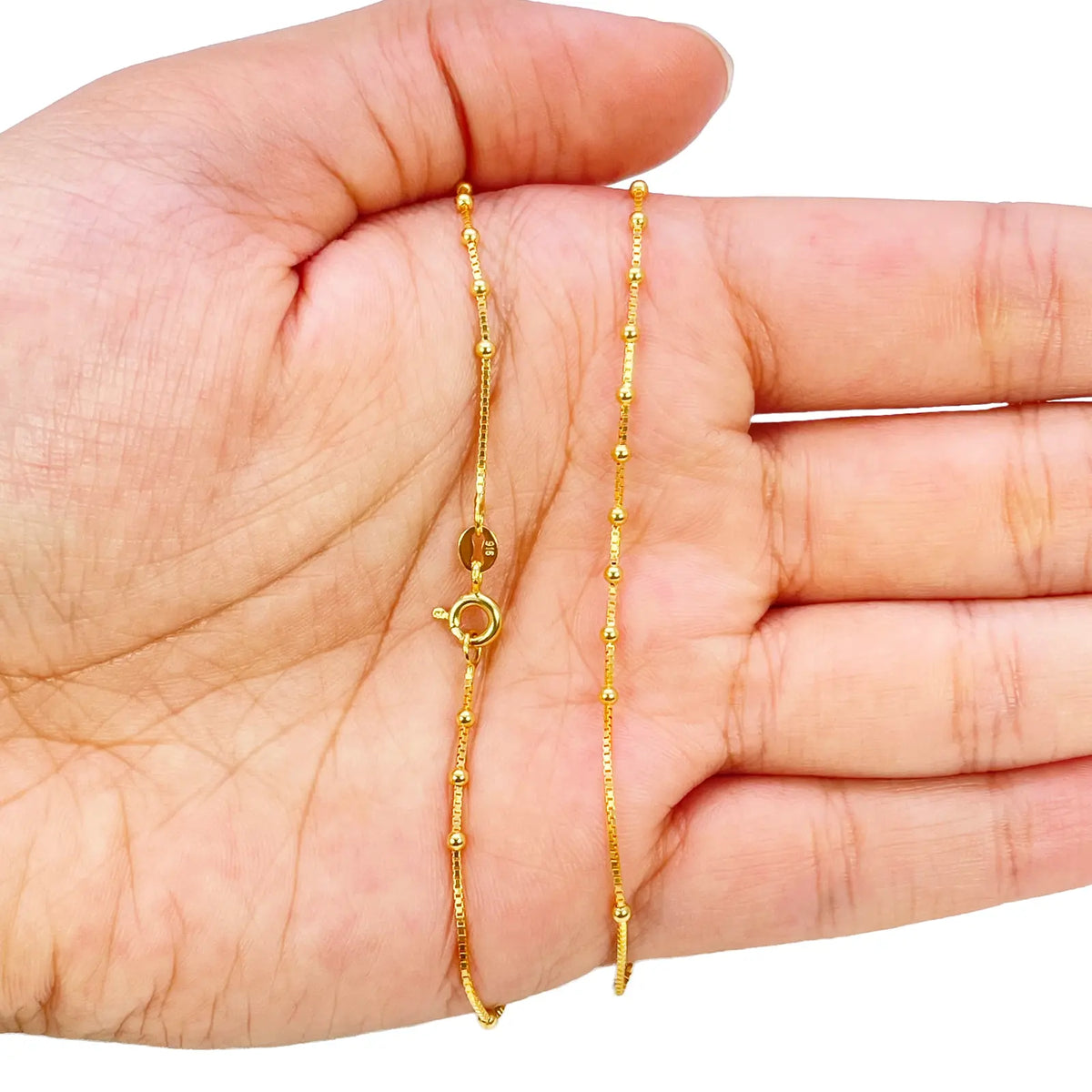 22ct Gold Beaded Necklace High Polished Round Beads Box Chain 16 Inches 
