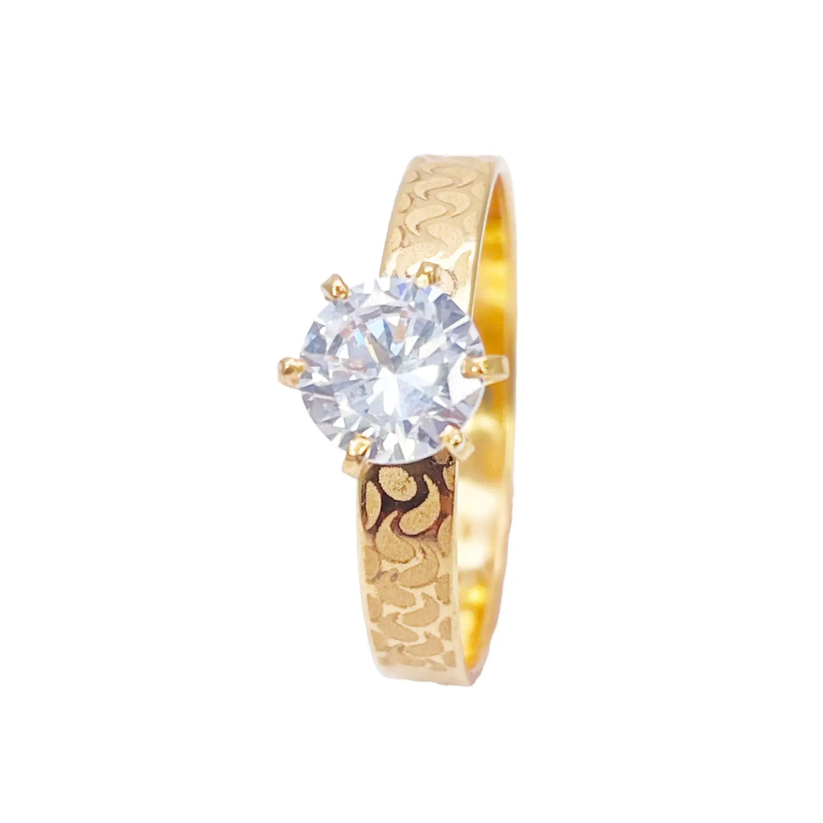 22ct Gold Cubic Zirconia Solitaire Ring Patterned Shoulder 6-Claw 7.7mm Width 
