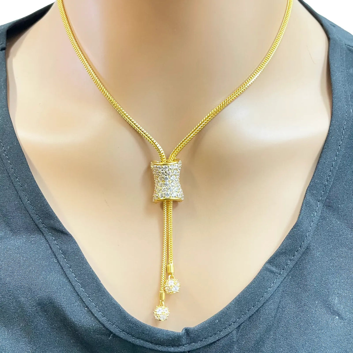 22ct Gold Cubic Zirconia Y-Drop Necklace Lariat Dragon Foxtail Tassel Chain 16.5 Inches 