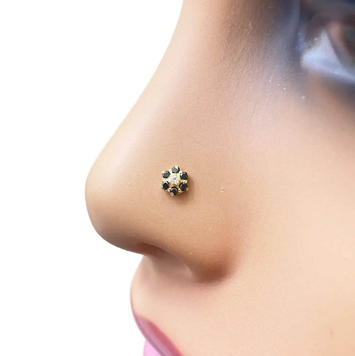 22ct Gold Floral Cubic Zirconia Black Stone Nose Pin/Stud 4mm Width 