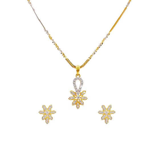 22ct Gold Floral Cubic Zirconia Necklace & Earring Set With Fancy Two-Tone Chain 