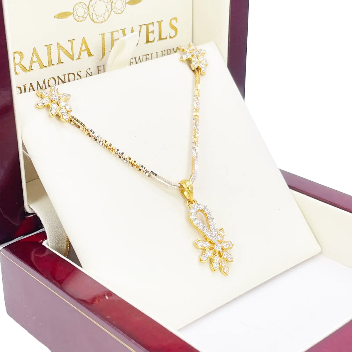 22ct Gold Floral Cubic Zirconia Necklace & Earring Set With Fancy Two-Tone Chain 