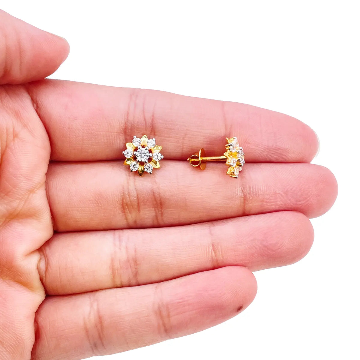 22ct Gold Floral Cubic Zirconia Stud High Polished Earrings Elegant Sparkle Design 9x9mm Width 