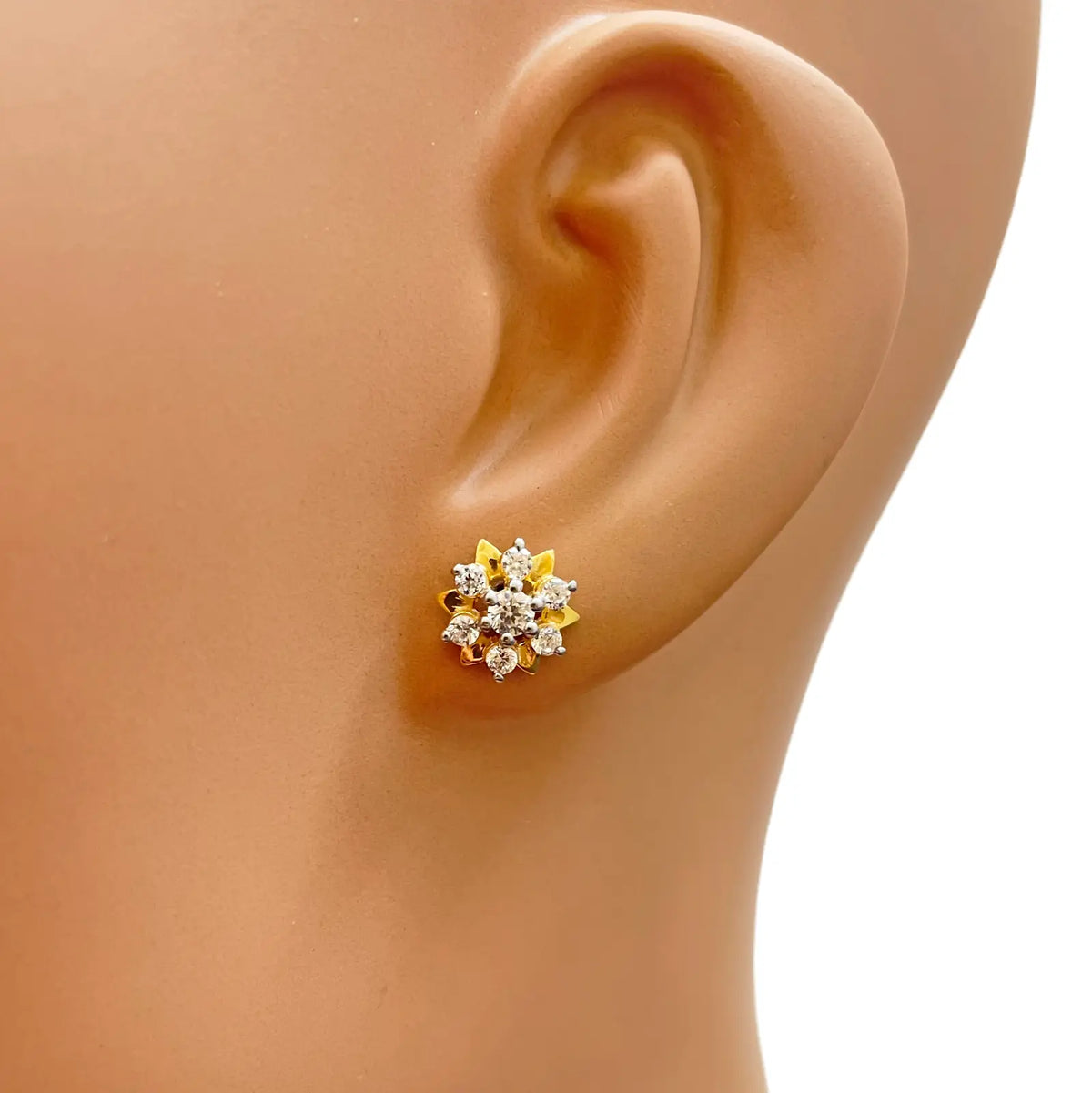 22ct Gold Floral Cubic Zirconia Stud High Polished Earrings Elegant Sparkle Design 9x9mm Width 