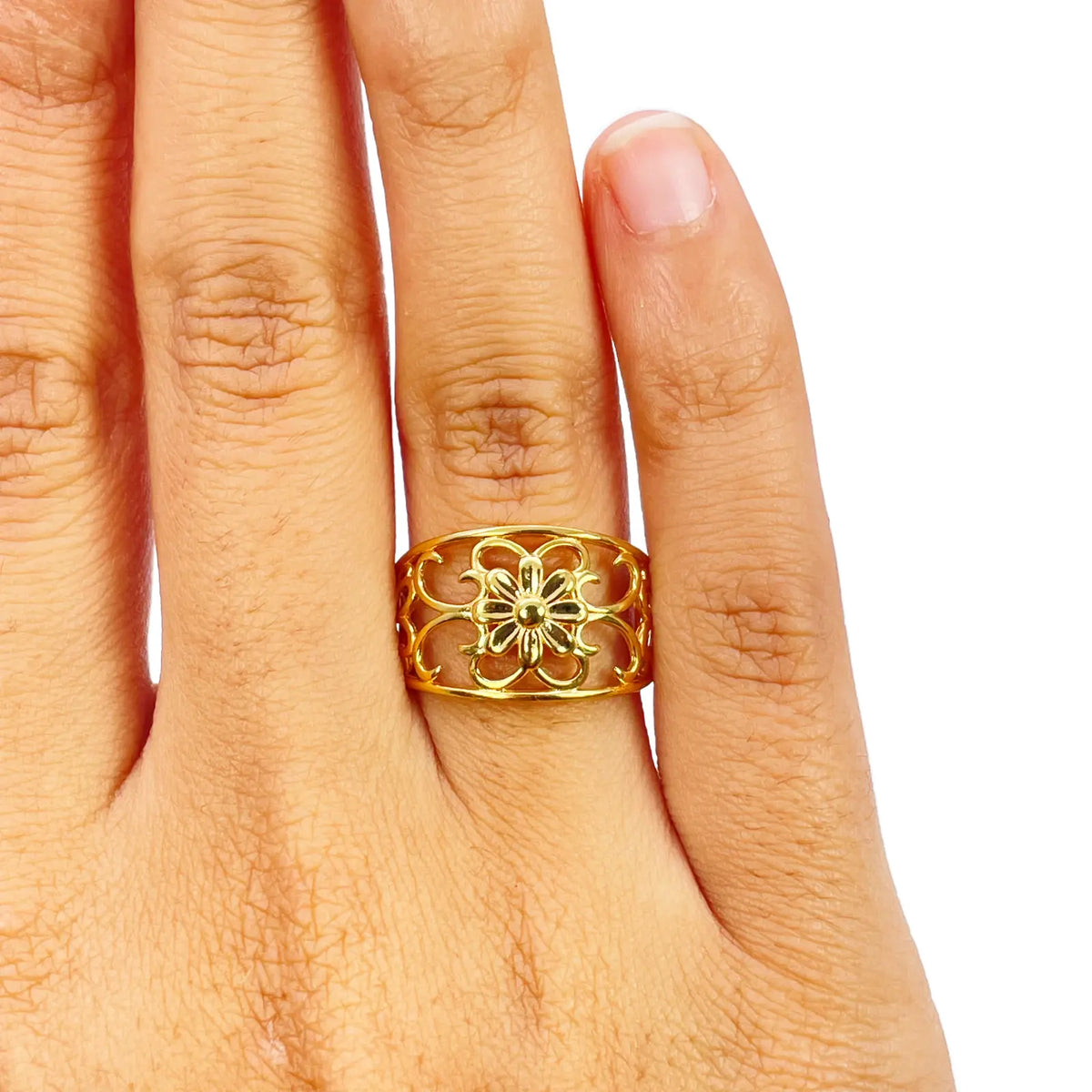 22ct Gold Floral Ring High Polished Design 12mm Width Size M 