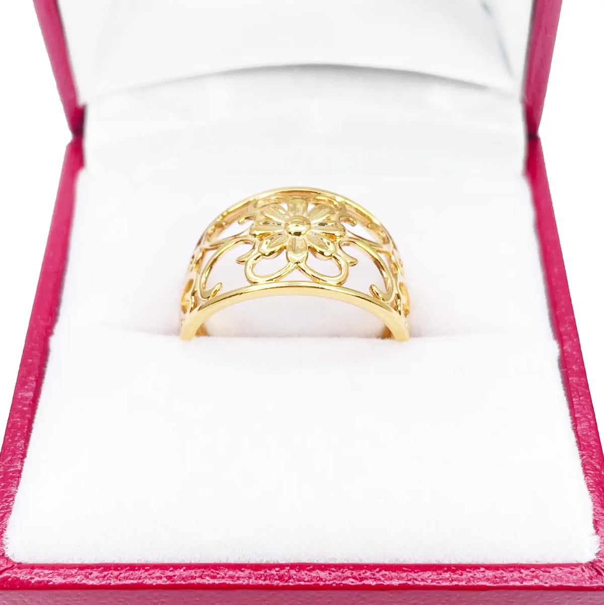 22ct Gold Floral Ring High Polished Design 12mm Width Size M 