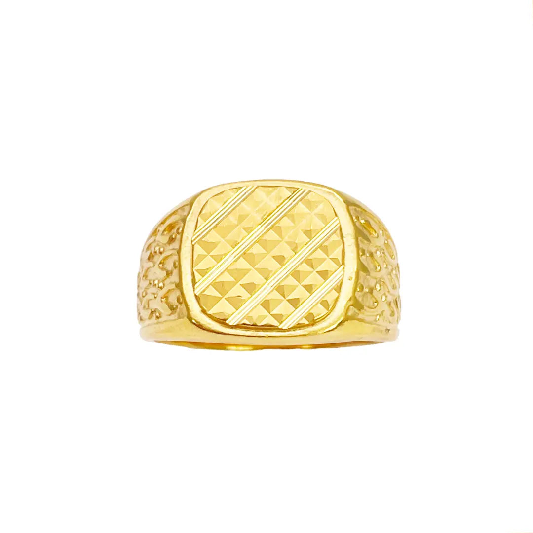 22ct Gold Mens Signet High Polished & Matt Diamond Cut Textured Ring 
