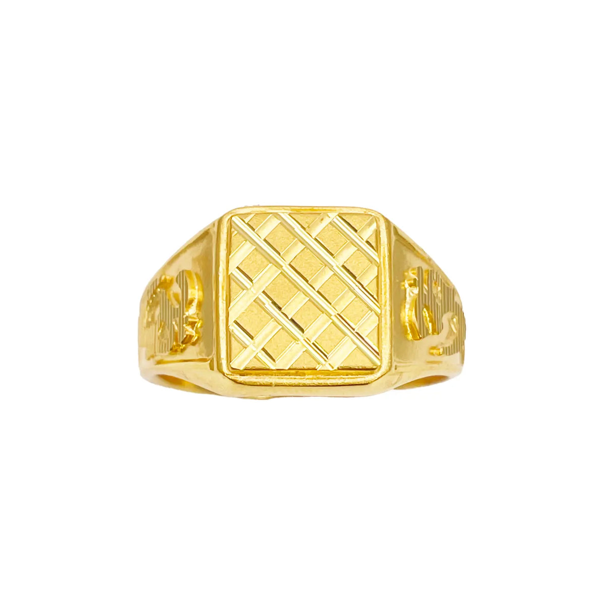 22ct Gold Mens Signet Square Diamond Cut Textured Criss-Cross Ring 