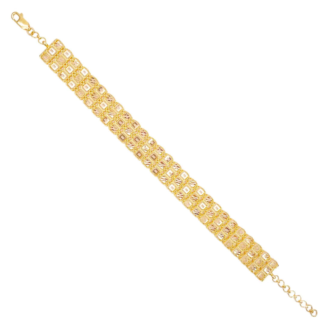 22ct Gold Milgrain Bracelet Three Row Diamond Cut Square 7.5 Inches 11.6mm Width 