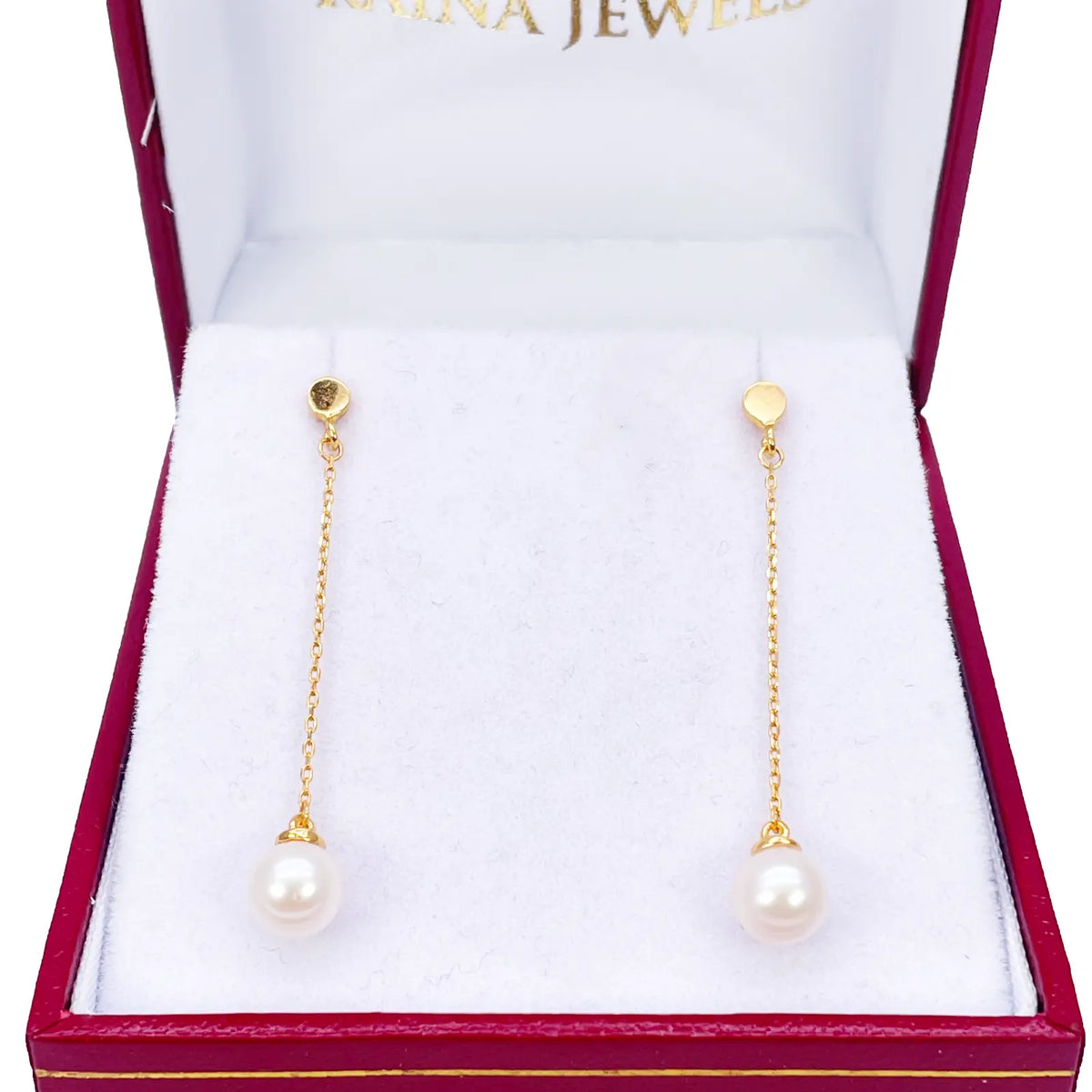 22ct Gold Pearl Drop Earrings Elegant Cable Chain Link Freshwater Pearl 1.5 Inch 