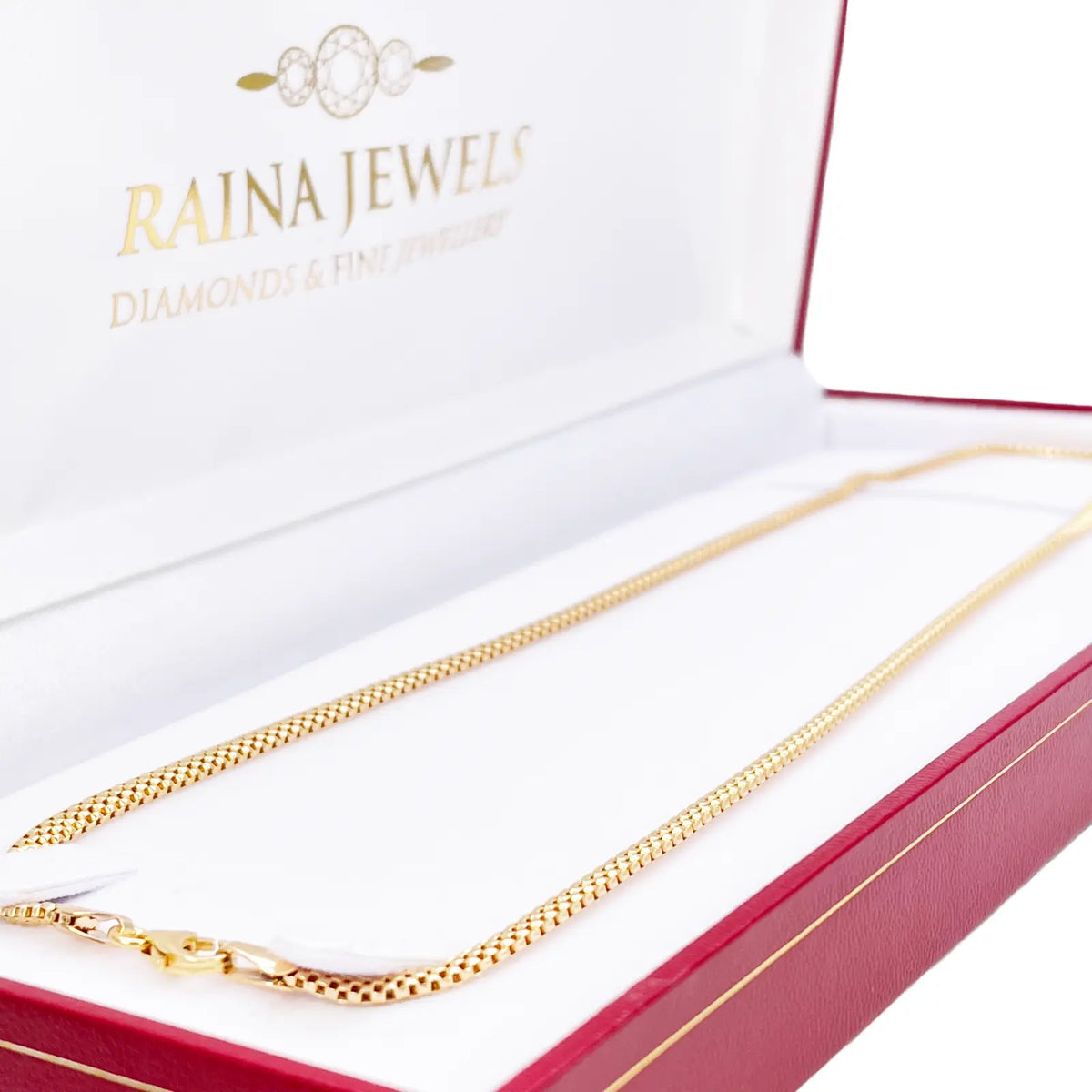 22ct Gold Square Mesh Chain High Polished Flat Necklace 18.5 Inches 3mm Width 