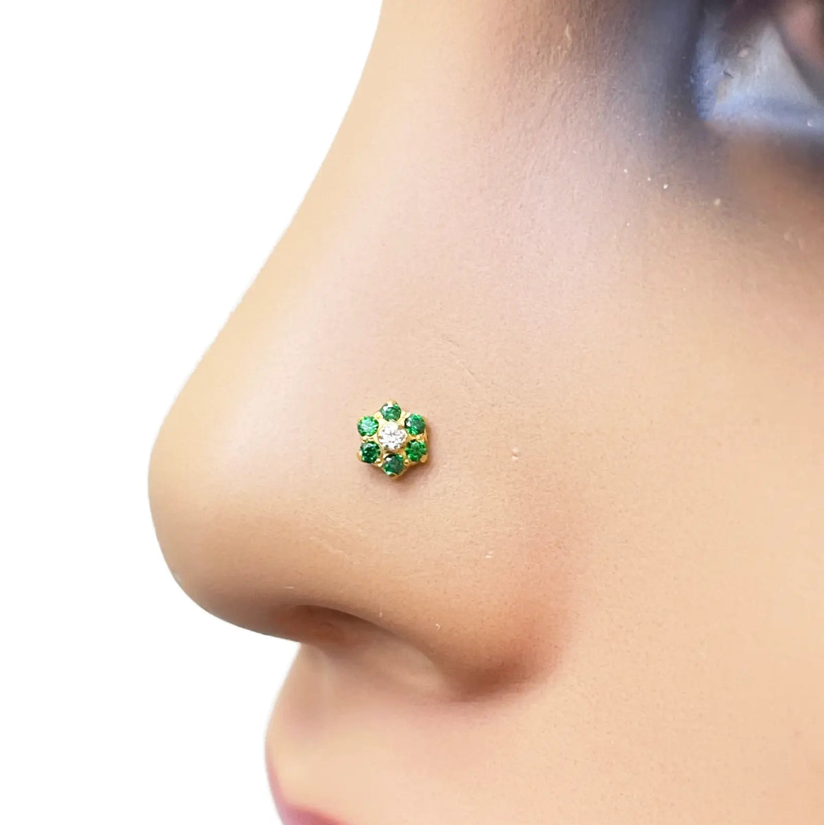22ct Yellow Gold Cubic Zirconia Floral Green Stone Nose Pin/Stud 4mm Width 