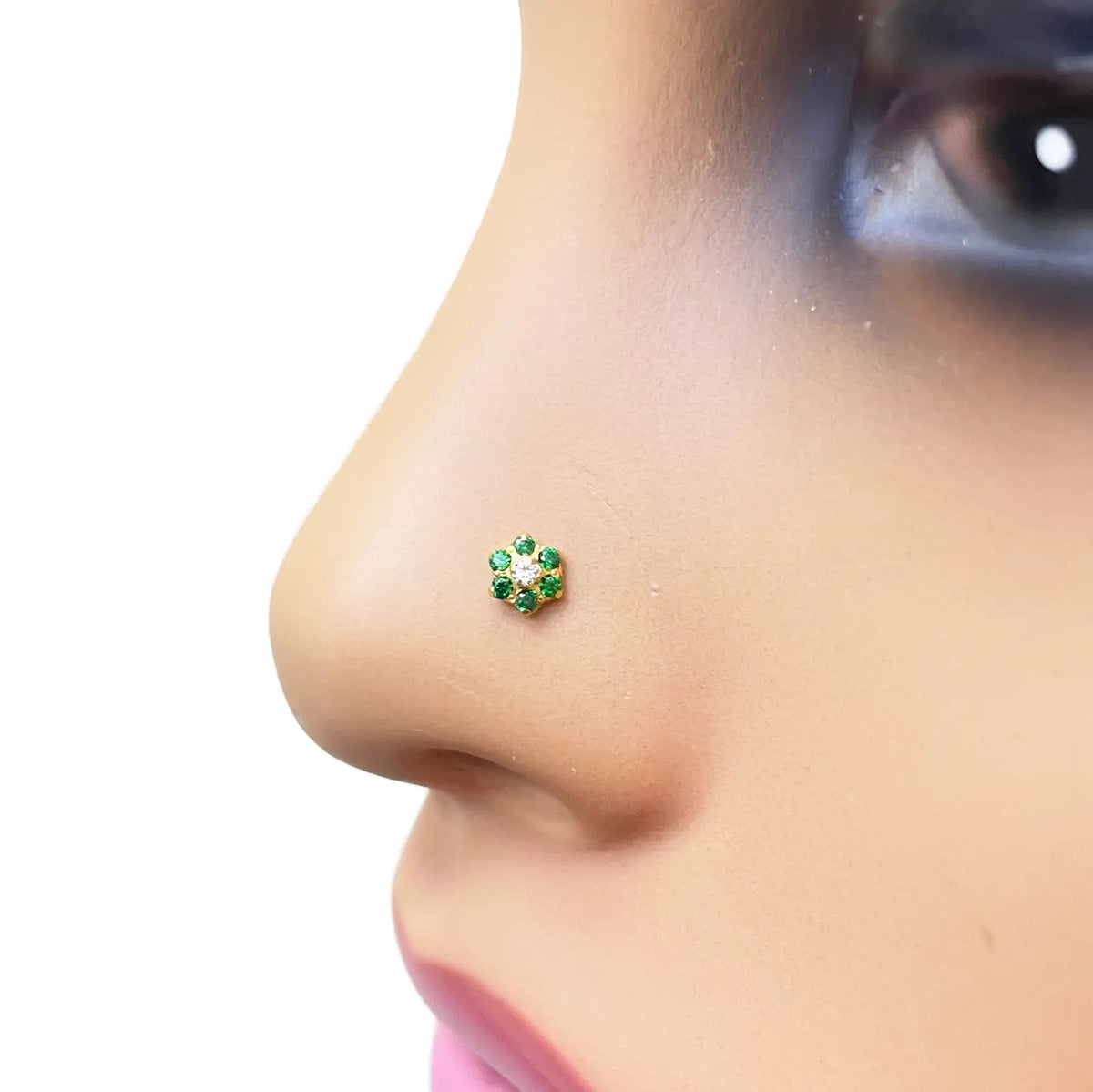 22ct Yellow Gold Cubic Zirconia Floral Green Stone Nose Pin/Stud 4mm Width 