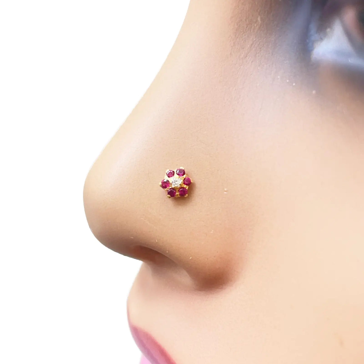 22ct Yellow Gold Cubic Zirconia Floral Red Stone Nose Pin/Stud 4mm Width 