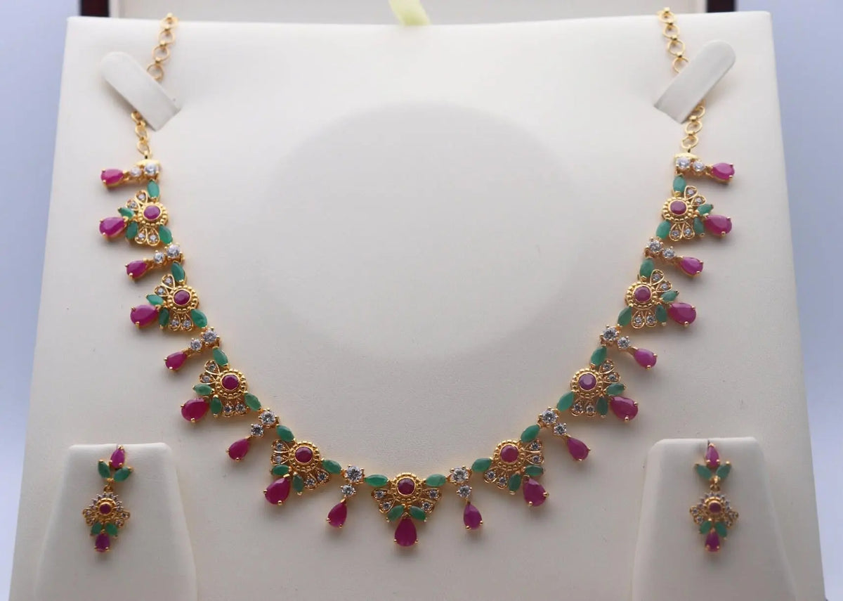 22ct Yellow Gold Cubic Zirconia, Ruby & Emerald 16 inch Necklace & Earrings Set 