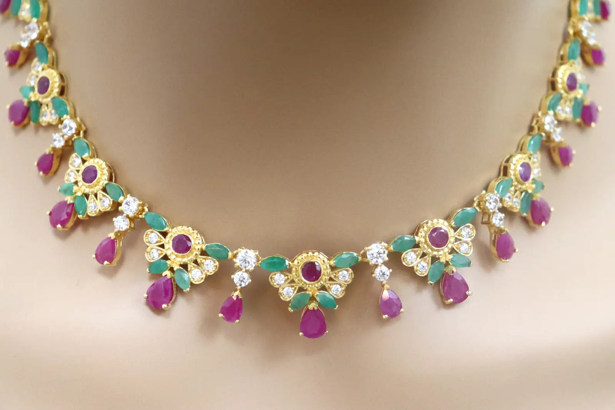 22ct Yellow Gold Cubic Zirconia, Ruby & Emerald 16 inch Necklace & Earrings Set 