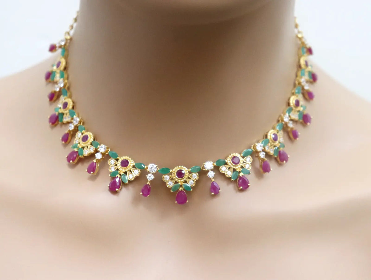 22ct Yellow Gold Cubic Zirconia, Ruby & Emerald 16 inch Necklace & Earrings Set 