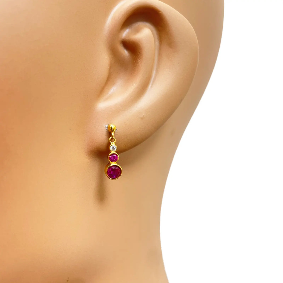 22ct Yellow Gold Drop Red Bubble Pendant & Chain With Matching Drop Earrings 