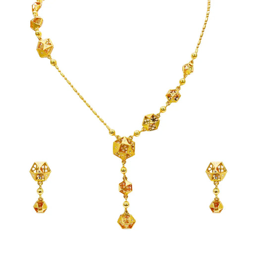22ct Yellow Gold Fancy Hexagonal Design 18 inch Necklace And Drop Earrings Set 