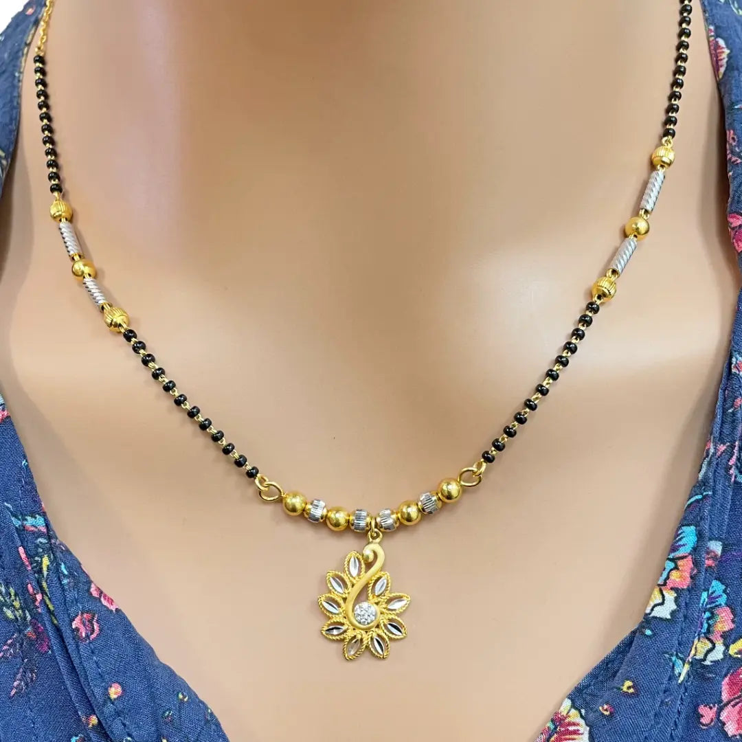22ct Yellow Gold Floral Cubic Zirconia Diamond Cut Beaded Mangalsutra Necklace 18 inches  Diamond Bracelets