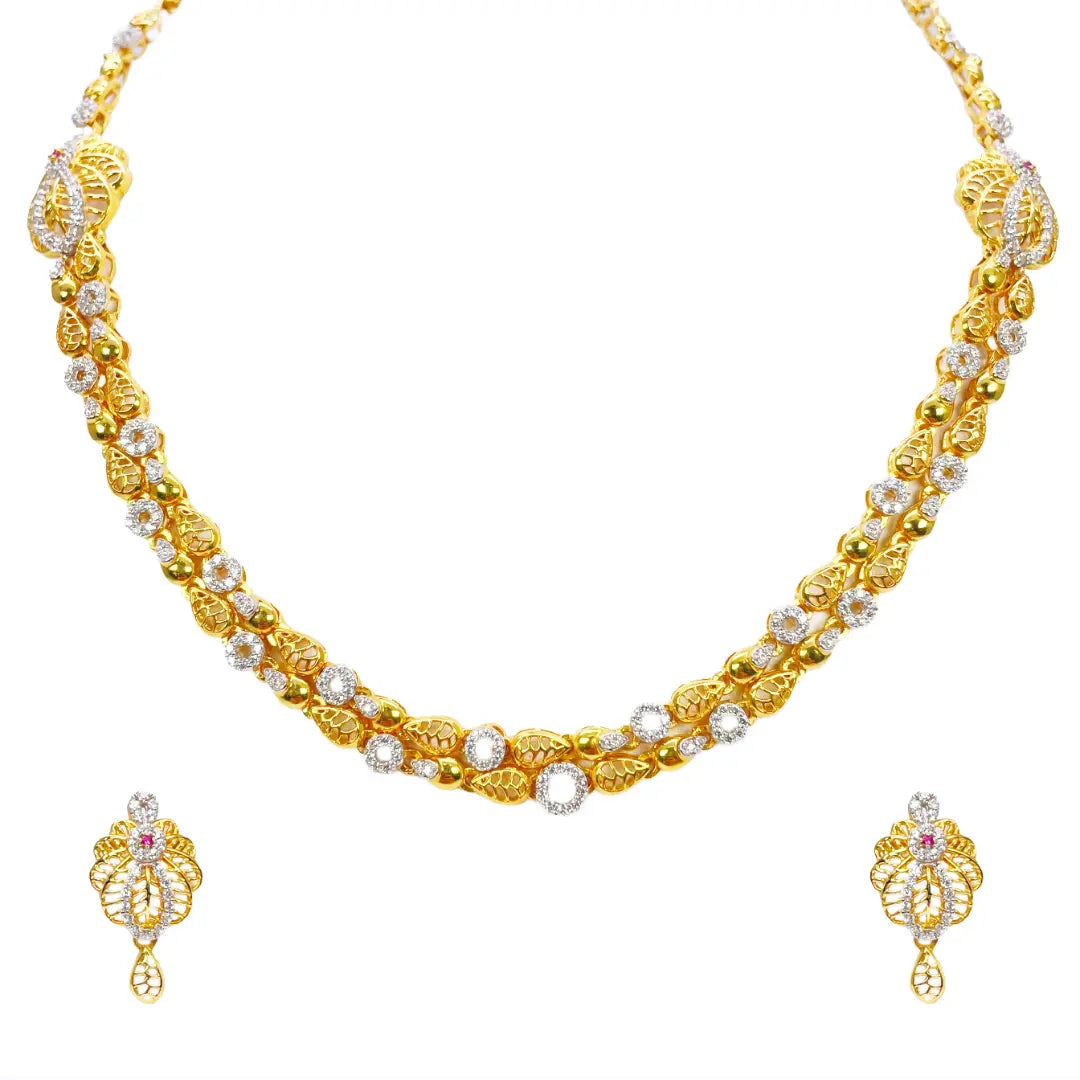 22ct Yellow Gold Floral Layered Cubic Zirconia Elegant Necklace & Earrings Set 