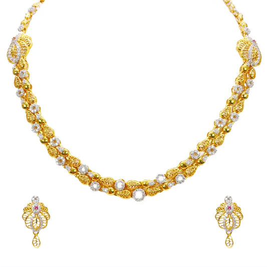 22ct Yellow Gold Floral Layered Cubic Zirconia Elegant Necklace & Earrings Set 