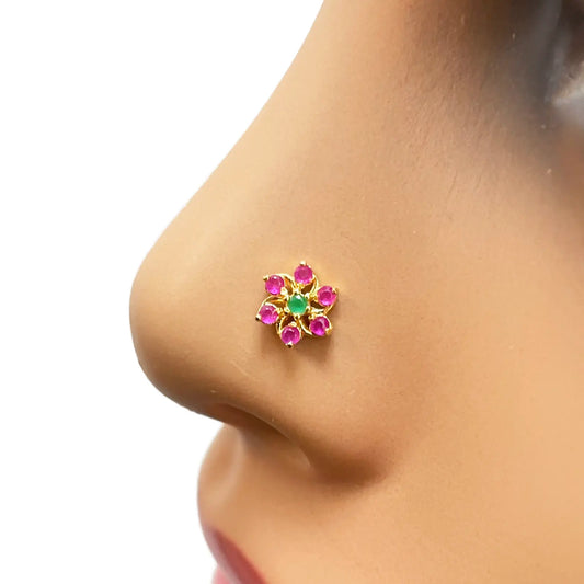 22ct Yellow Gold Floral Shaped Red & Green Gemstone Nose Pin/Stud 5.9mm Width 