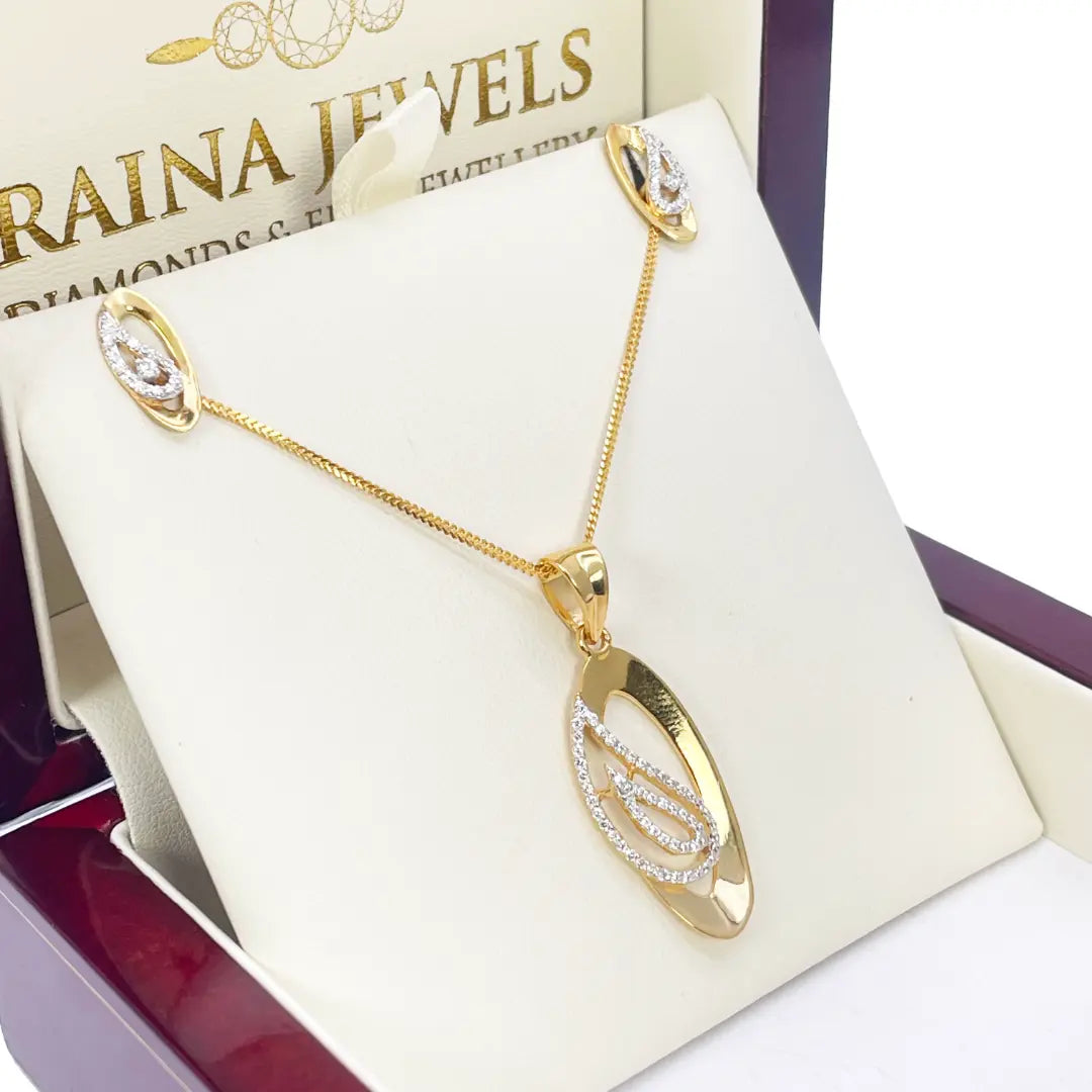 22ct Yellow Gold Floral Sparkly Leaf Pendant, Chain & Stud Earrings Set 