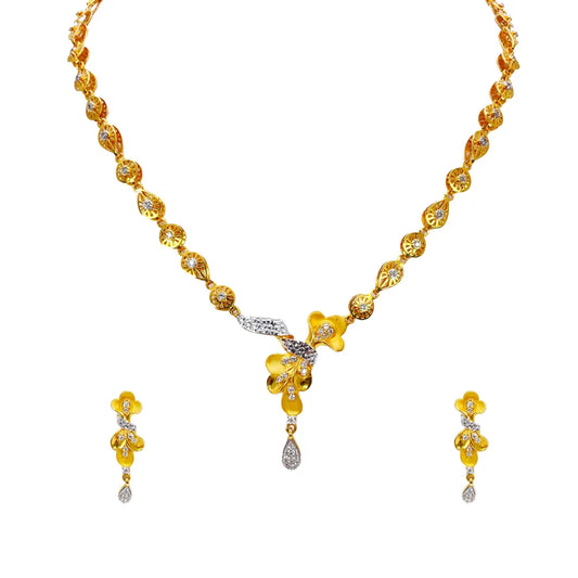 22ct Yellow Gold Floral Two-Tone 15 Inch Necklace & Drop Earrings Set 