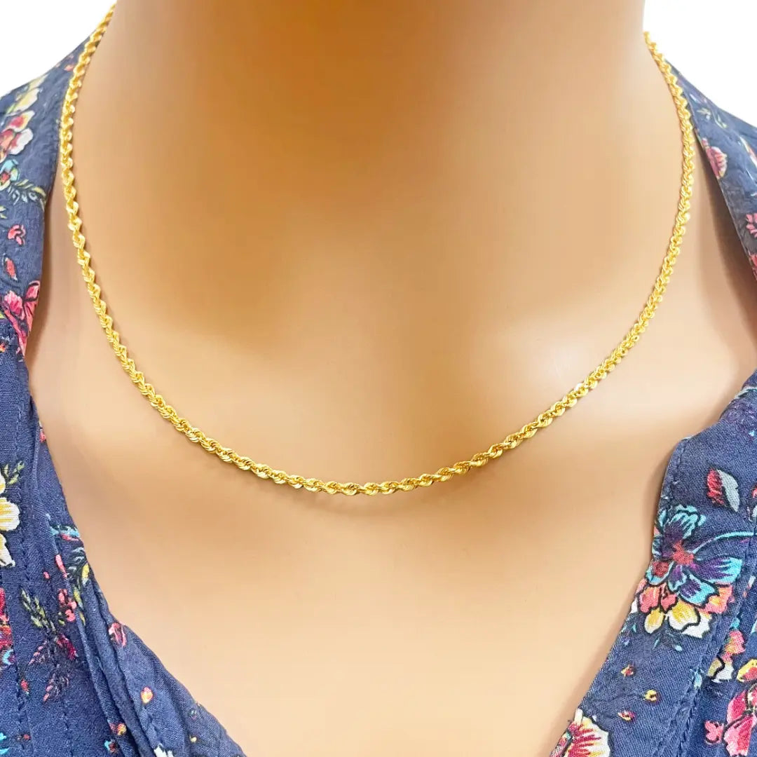22ct Yellow Gold Lightweight Hollow Rope Chain Necklace 18 Inches 2.2mm Width 