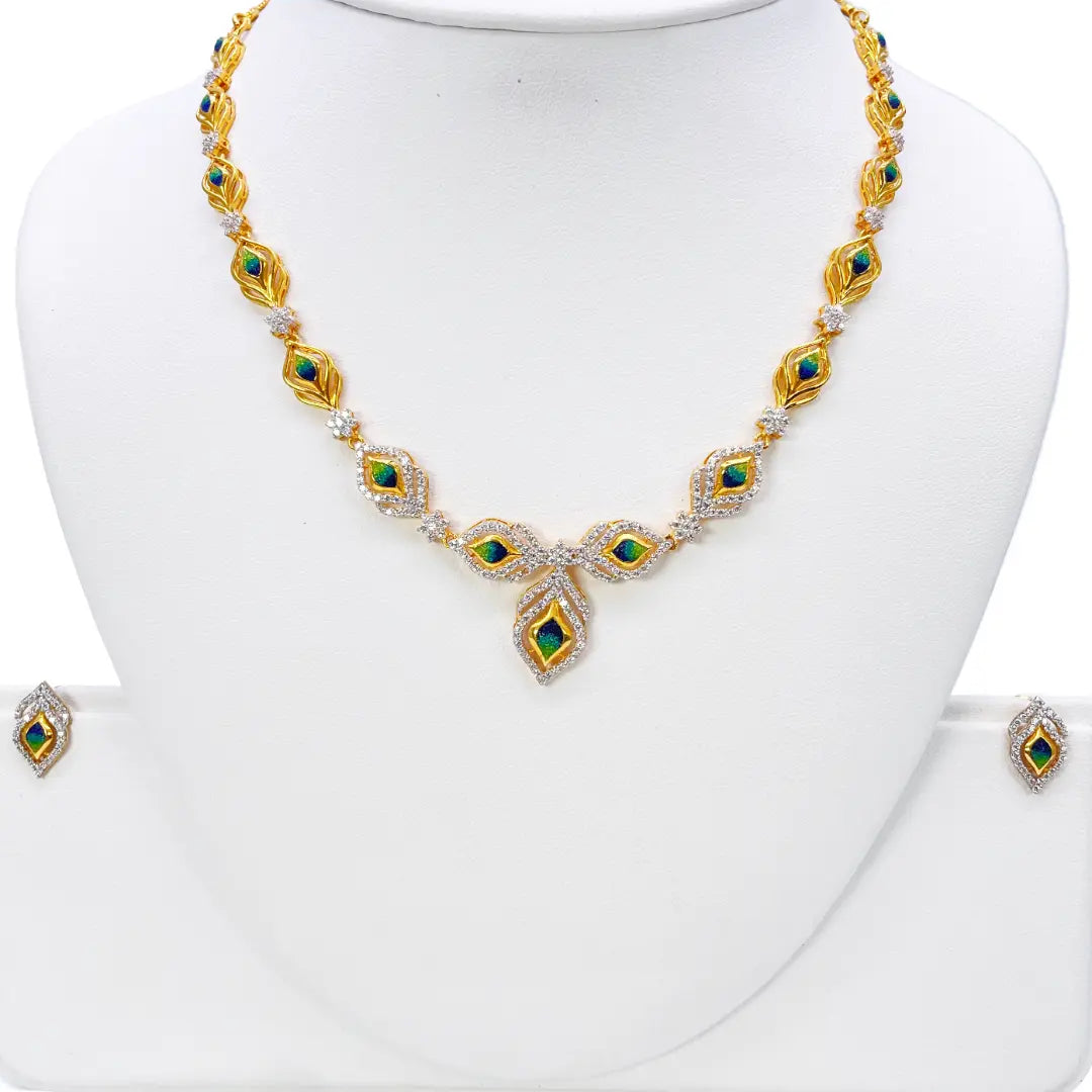 22ct Yellow Gold Peacock Feather Design Necklace & Stud Earrings Set 16 Inches  Diamond Bracelets