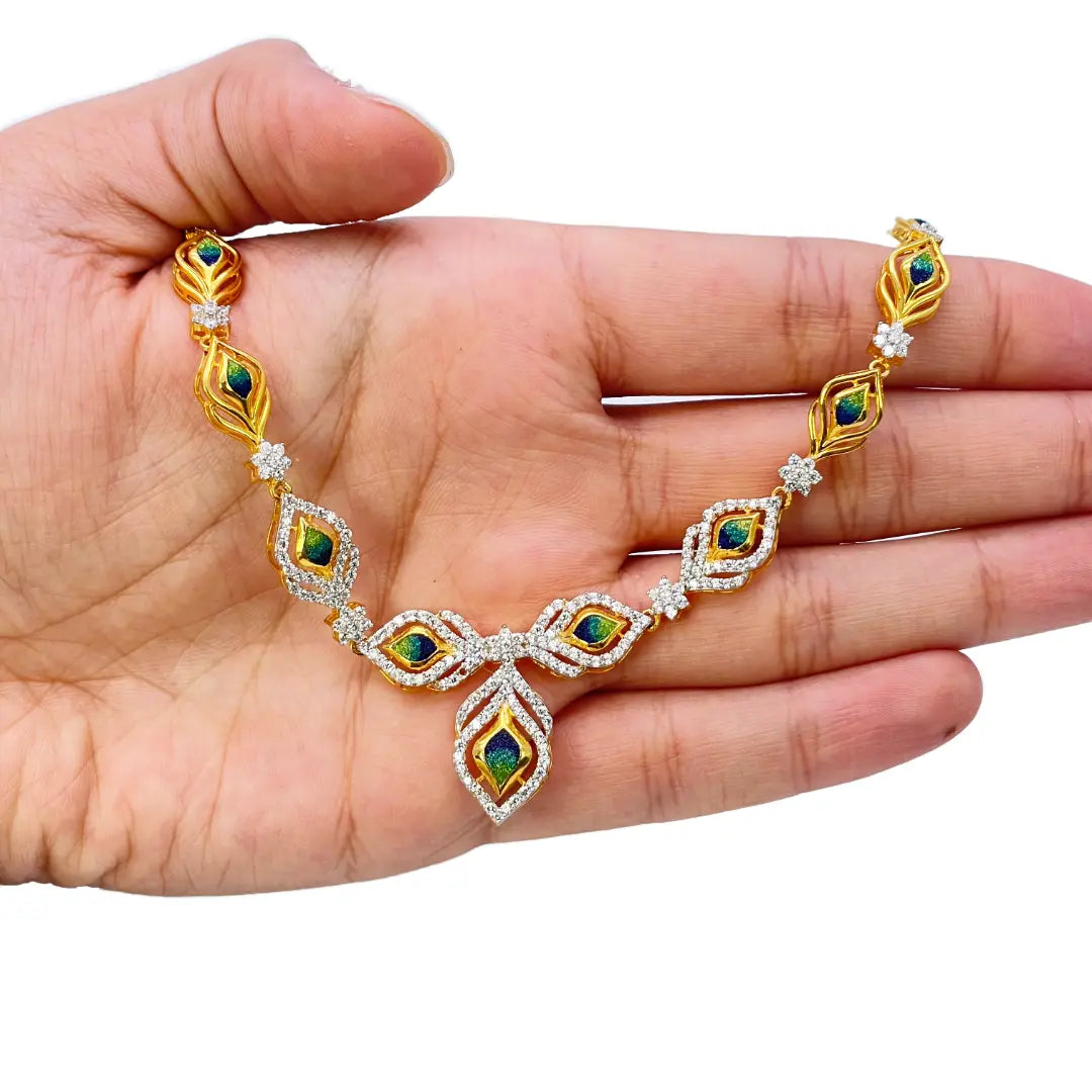 22ct Yellow Gold Peacock Feather Design Necklace & Stud Earrings Set 16 Inches  Diamond Bracelets