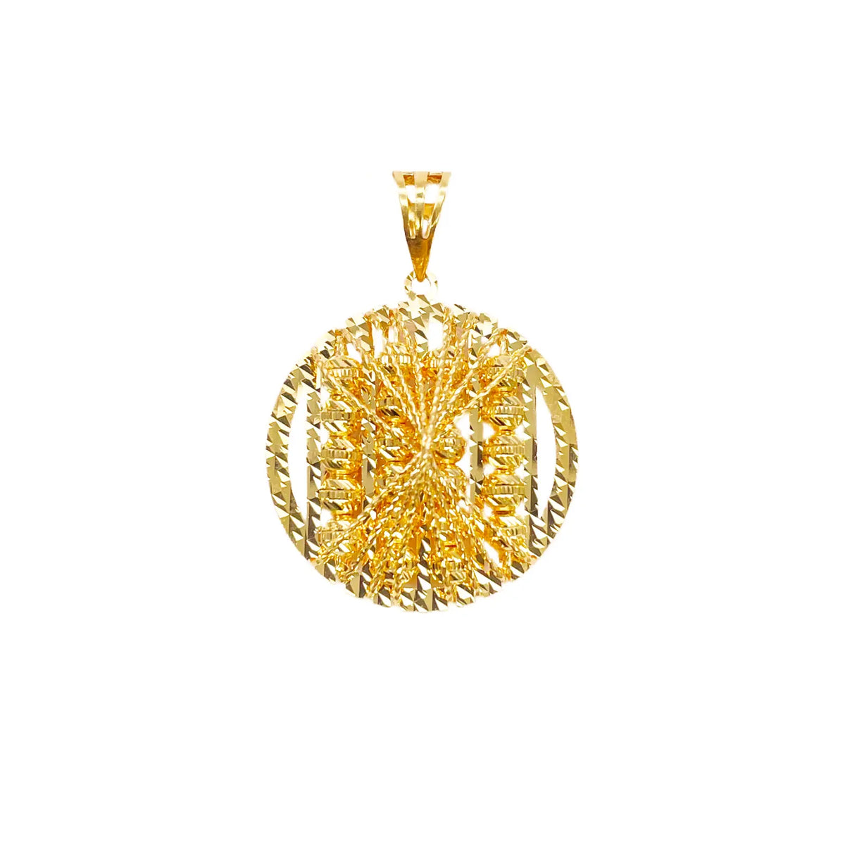 22ct Yellow Gold Sparkly Diamond Cut Mesh Beaded Round Pendant 30mm Length 