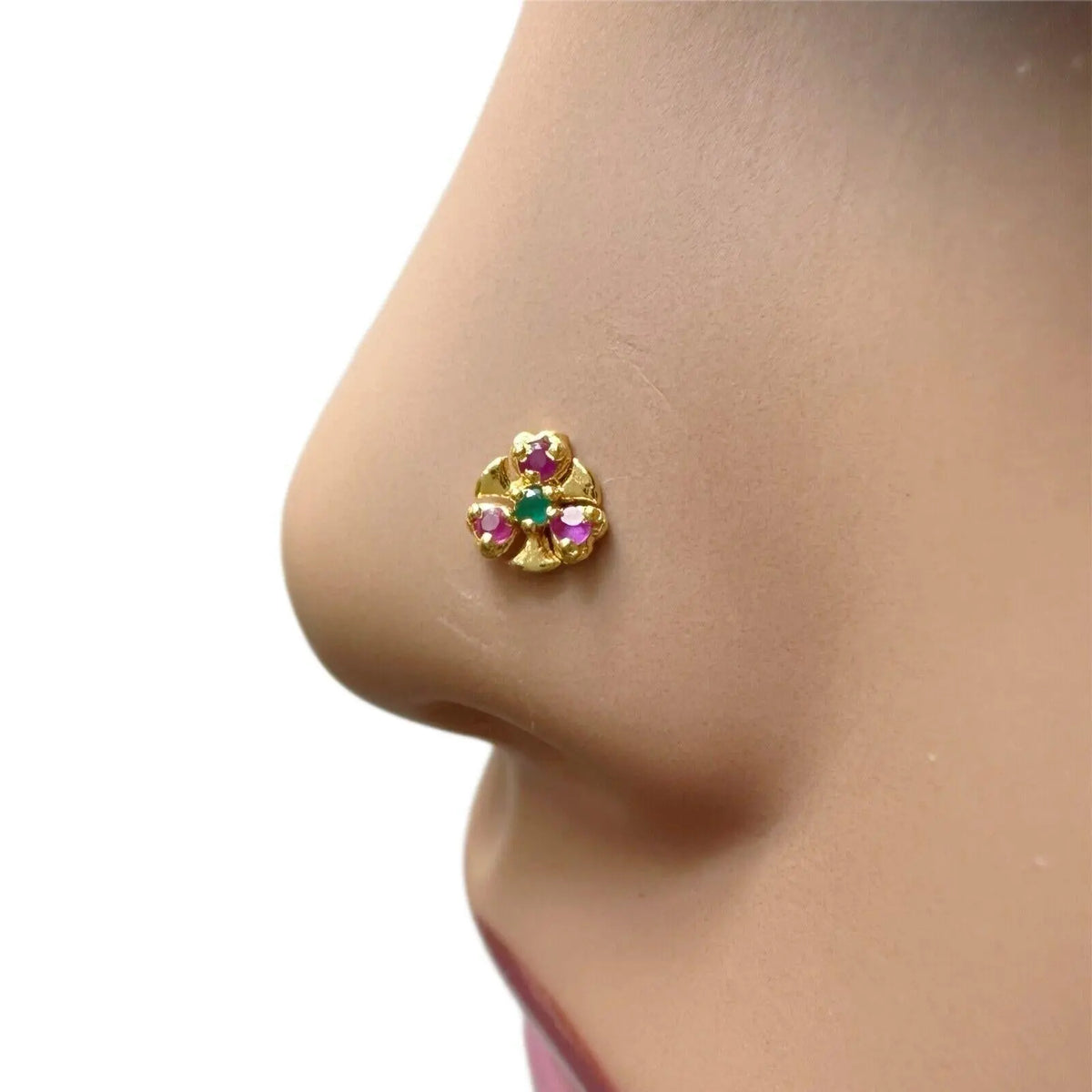 22ct Yellow Gold Three Stone Ruby & Emerald Nose Stud/Nose Pin/Nose Piercings 