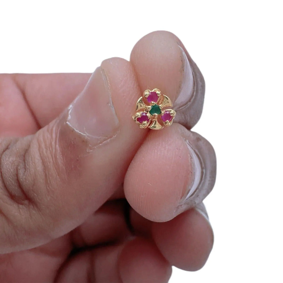 22ct Yellow Gold Three Stone Ruby & Emerald Nose Stud/Nose Pin/Nose Piercings 