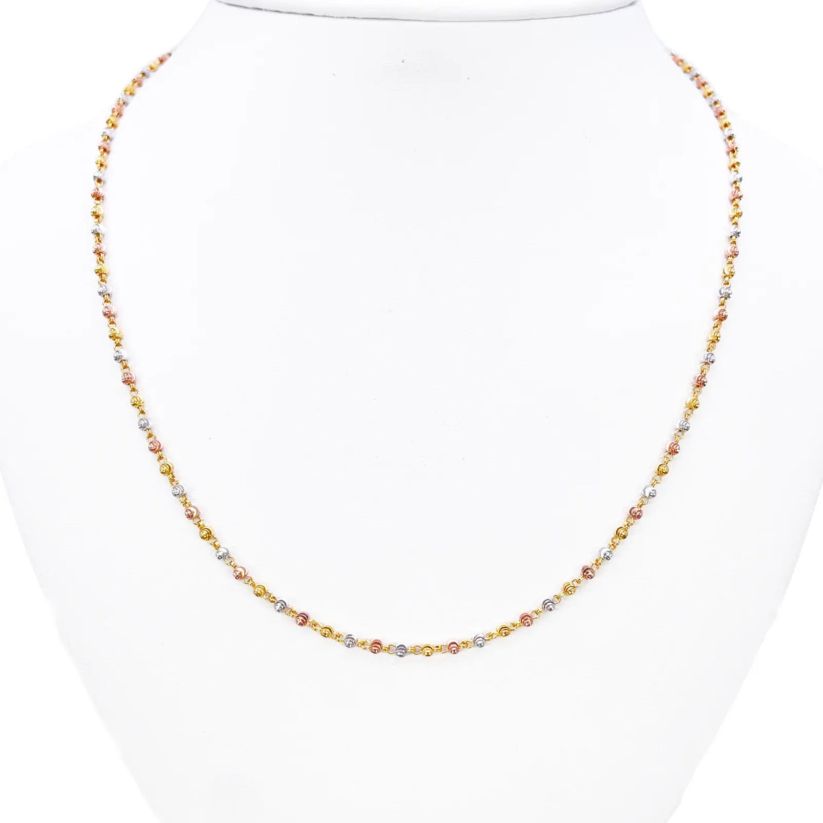 22ct Yellow Gold Tri-Colour Diamond Cut Ball Beaded Necklace 18 Inches 2.3 Width 