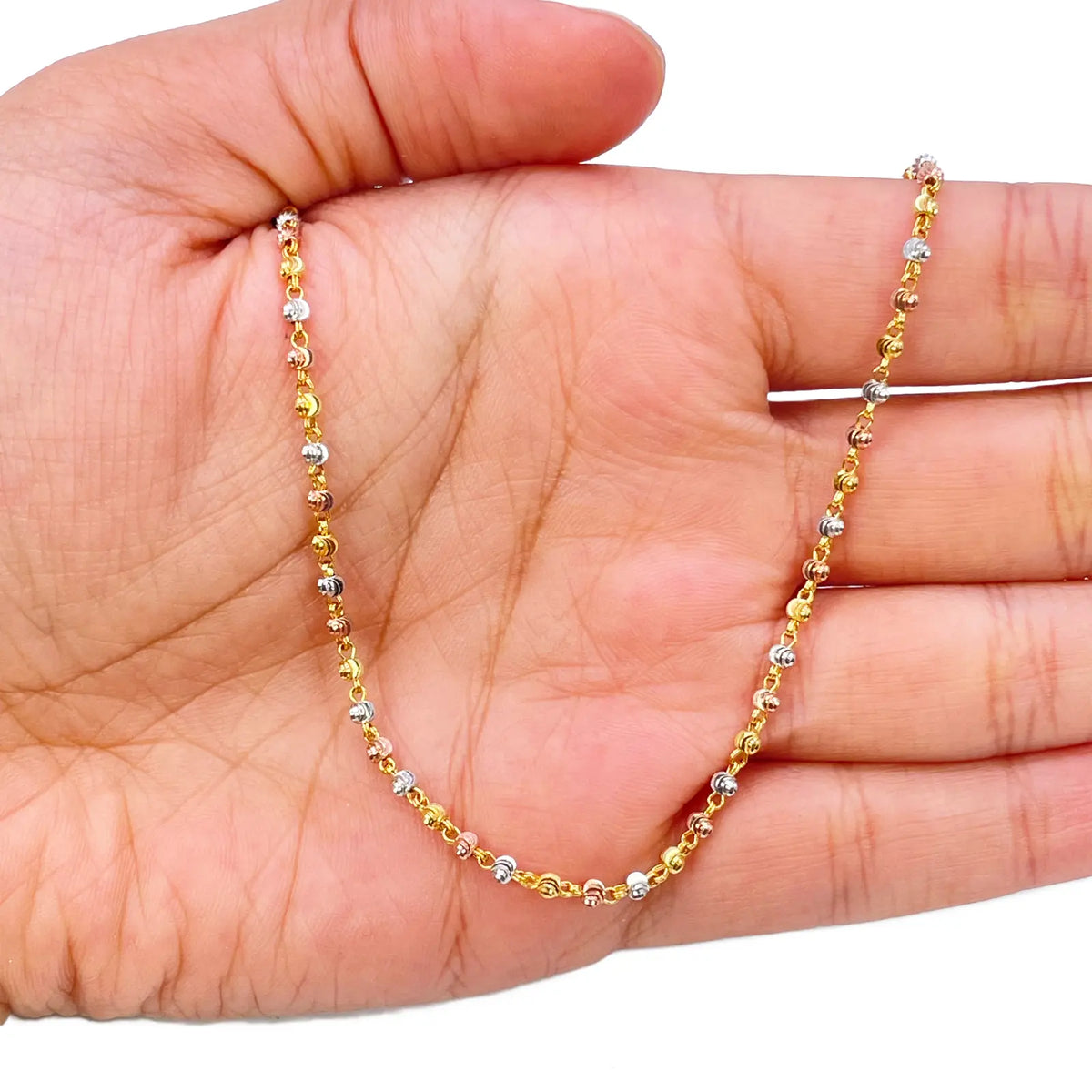 22ct Yellow Gold Tri-Colour Diamond Cut Ball Beaded Necklace 22 Inches 2.3 Width 
