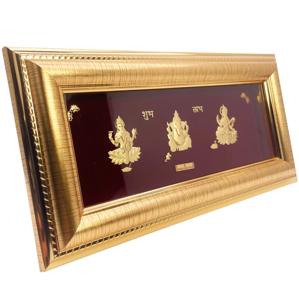 24ct Pure Gold Leaf Lakshmi, Ganesha & Saraswati Frame 25.4 x 12.7cm 