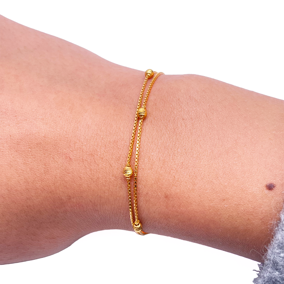 22ct Yellow Gold Double Layered Chain With Diamond Cut Beads Bracelet