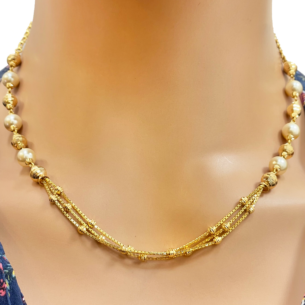22kt geelgouden parels & kralen diamantgeslepen bol gelaagde halsketting/oorbellen set