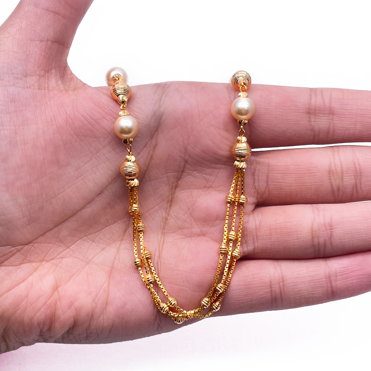 22kt geelgouden parels & kralen diamantgeslepen bol gelaagde halsketting/oorbellen set