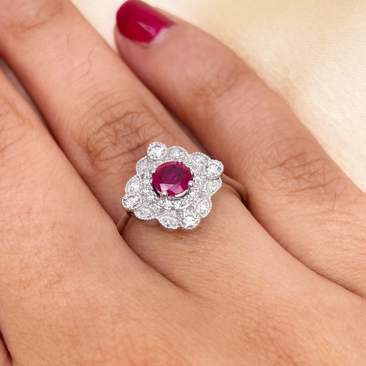 14ct White Gold Round Red Ruby & Diamond Cluster Milgrain Ring 0.72ct