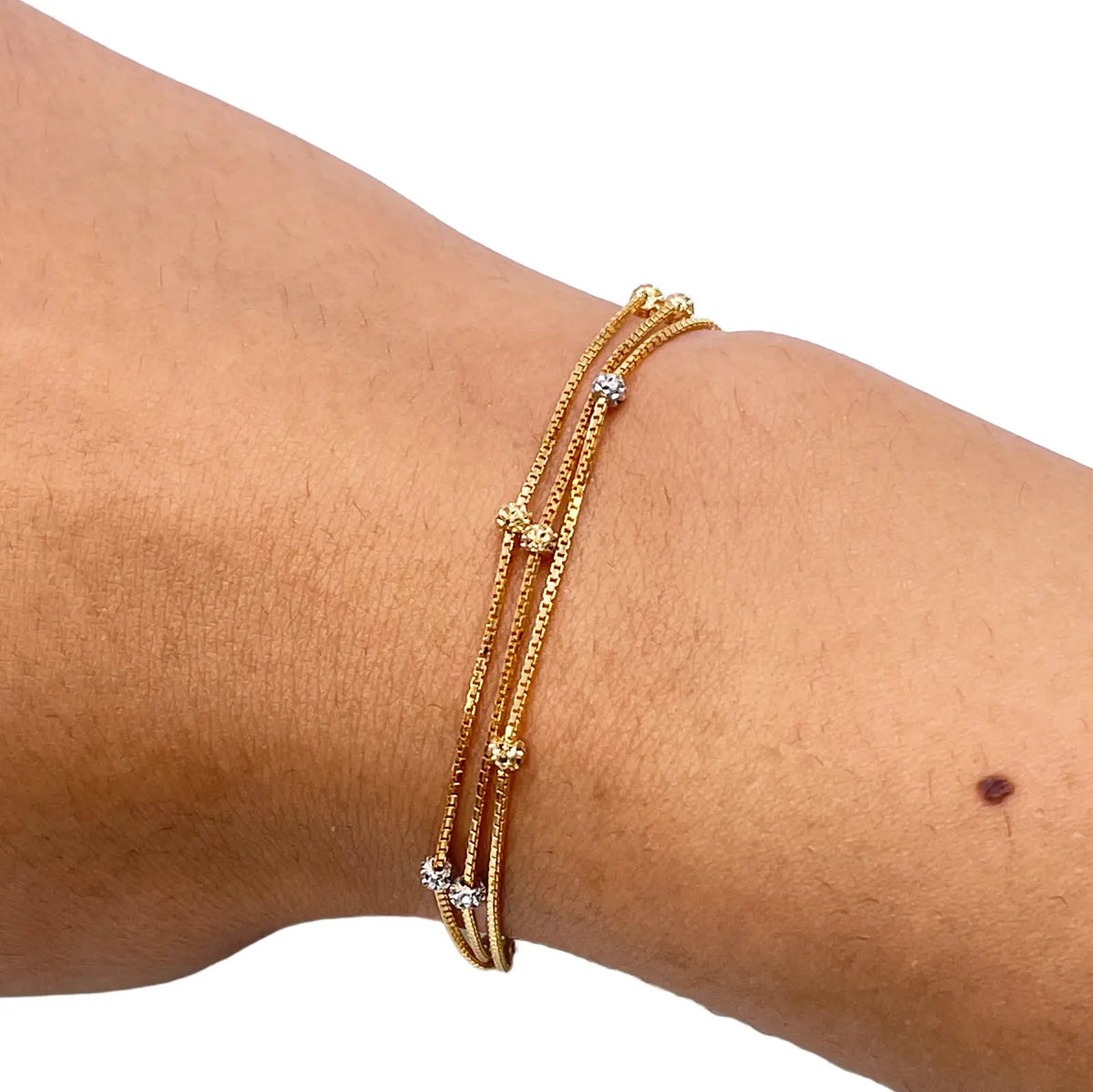 22ct Yellow Gold Triple Layered Chain With Two-Tone Diamond Cut Beads Bracelet 