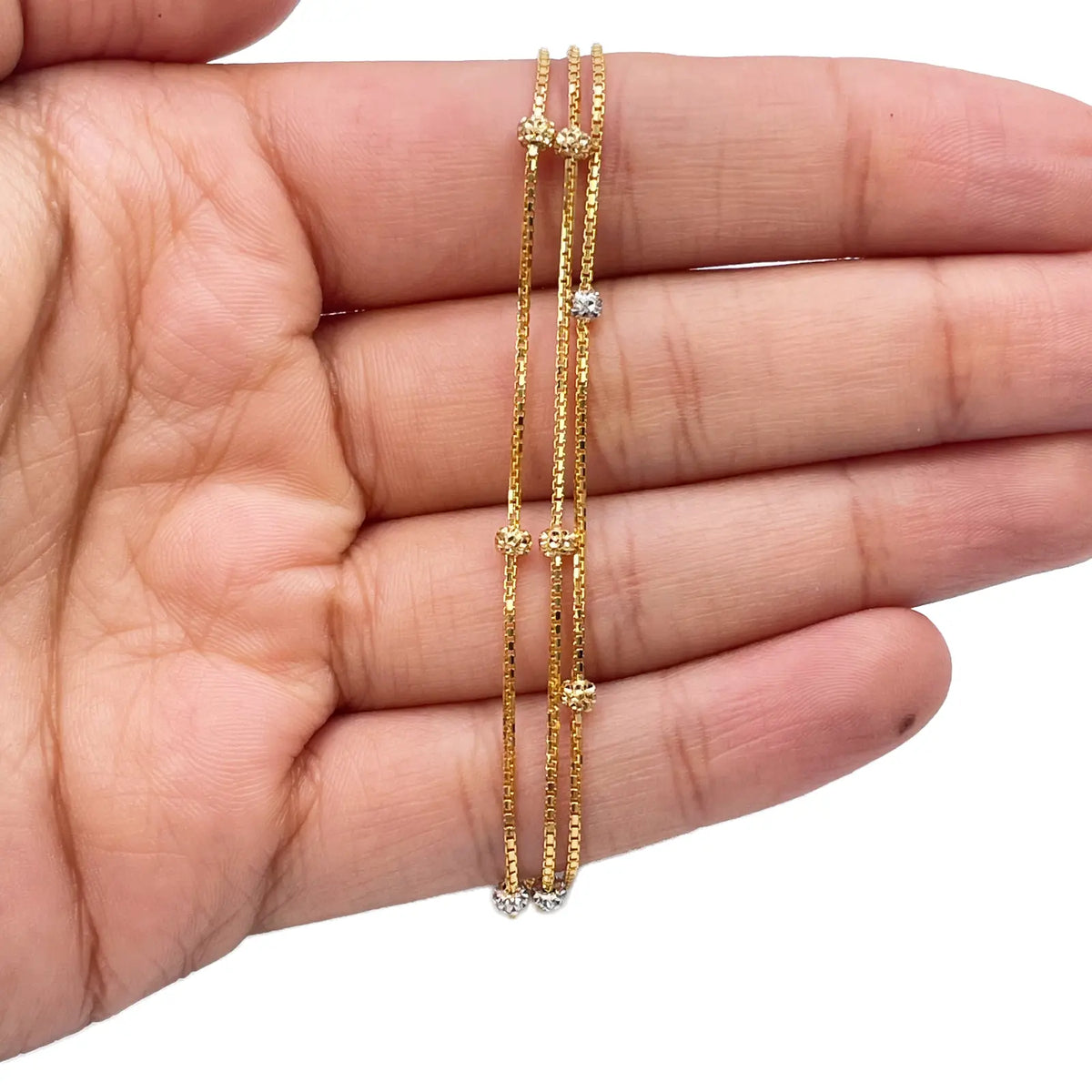 22ct Yellow Gold Triple Layered Chain With Two-Tone Diamond Cut Beads Bracelet 