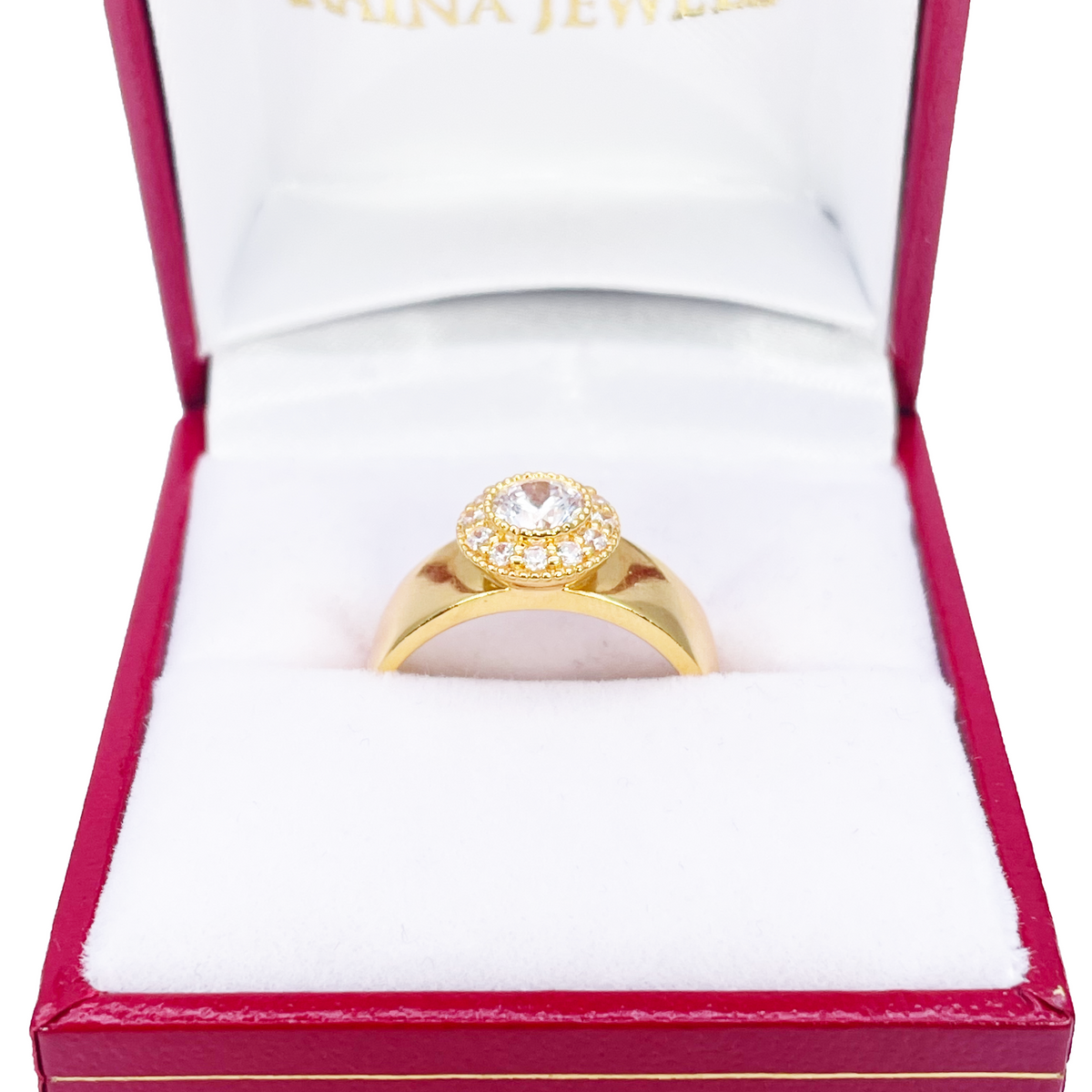 22 kt guld cubic zirconia halo ring, højpoleret, 8,6 mm bred