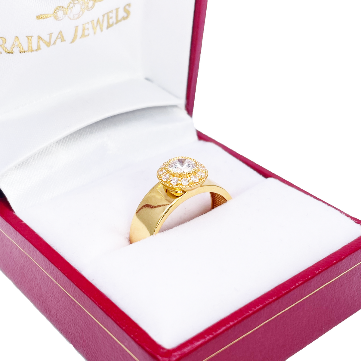 22 kt guld cubic zirconia halo ring, højpoleret, 8,6 mm bred